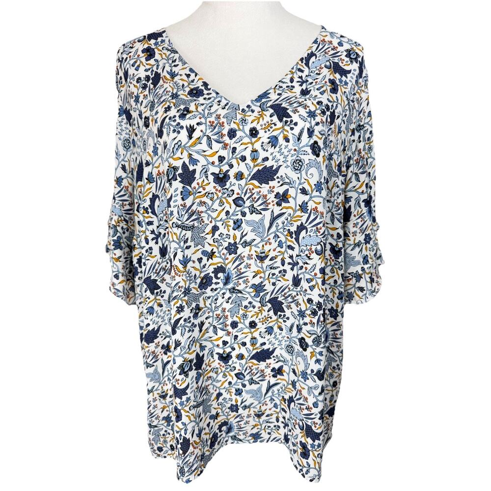 Premise Woman Plus Sz 1X Tunic Blouse Top White Blue Floral Short Sleeves